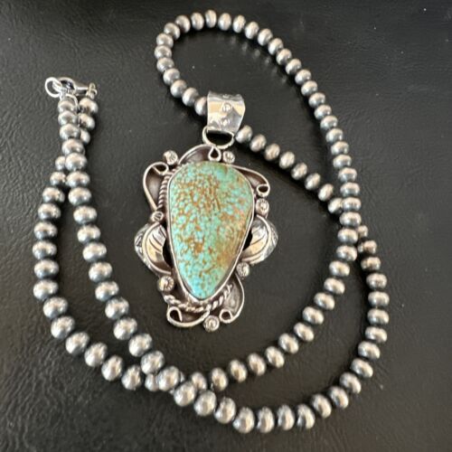 Navajo Blue Turquoise #8 Pendant | Sterling Silver Pearls Necklace | Authentic Native American Handmade | 15902