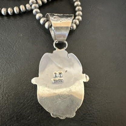 Navajo White Buffalo Turquoise Pendant | Pearl Sterling Silver Necklace | Authentic Native American Handmade | 17043