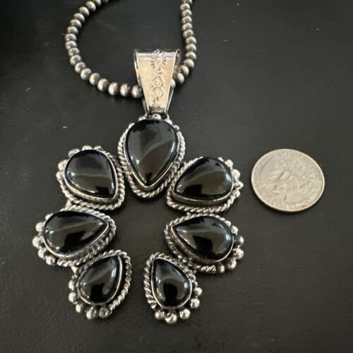 Navajo Men's Black Onyx Naja Pendant Necklace | Sterling Silver Pearls | Authentic Native American Handmade | 16808