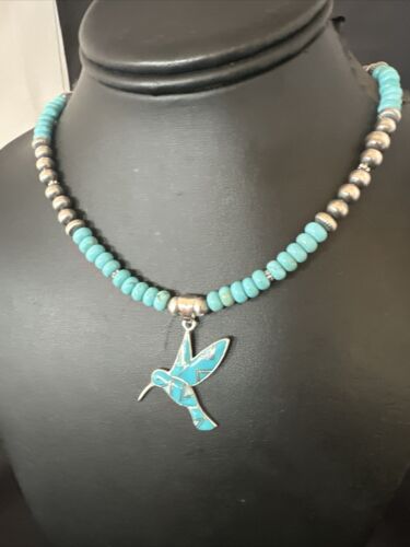 Navajo Turquoise Opal Hummingbird Inlay Pendant | Sterling Silver Necklace | Authentic Native American Handmade | 16844