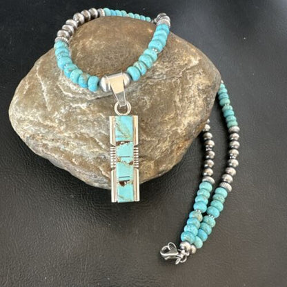 Men's & Women's Turquoise #8 Inlay Pendant Necklace | Navajo Sterling Silver | Authentic Native American Handmade | 17056