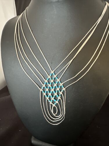 Crisscross Blue Turquoise Heishi Necklace | 5 Strand Liquid Sterling Silver | 22" | 15880