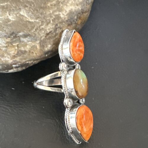 Navajo Green Turquoise Spiny Oyster Multi-Stone Ring | Authentic Native American Sterling Silver | Sz 9.5 | 16715