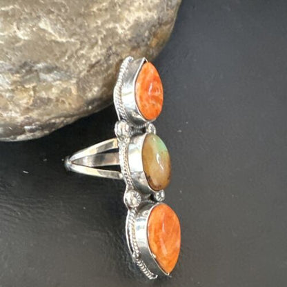 Navajo Green Turquoise Spiny Oyster Multi-Stone Ring | Authentic Native American Sterling Silver | Sz 9.5 | 16715