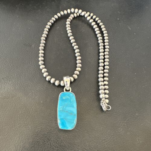 Navajo Blue Kingman Turquoise Pendant Necklace | Sterling Silver | 20" | Authentic Native American Handmade | 16701