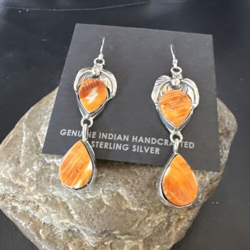 Navajo Orange Spiny Oyster Dangle Earrings | Sterling Silver | 1.5" | Authentic Native American Handmade | 16565