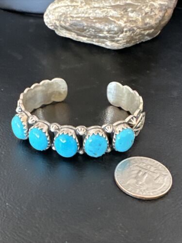 Navajo Blue Kingman Turquoise Cuff Bracelet | Sterling Silver | 5 Stone Design | Women's Jewelry | Authentic Native American Handmade