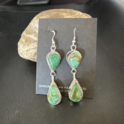 Navajo Green Royston Turquoise Dangle Earrings | Sterling Silver | Authentic Native American Handmade | 16493