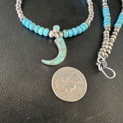 Navajo Blue Turquoise Inlay Pendant | Sterling Silver Necklace | Authentic Native American Handmade | 15422