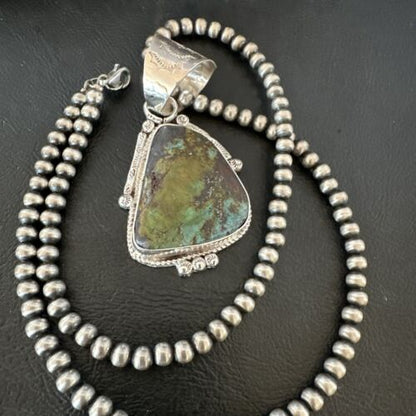Men's Navajo Green Royston Turquoise Pendant Necklace | Sterling Silver | Authentic Native American Handmade | 17479