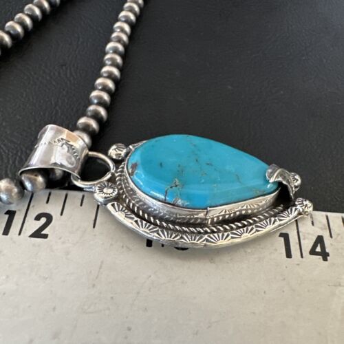 Navajo Blue Turquoise Pendant Necklace | Sterling Silver Pearls | Authentic Native American Handmade | 15645