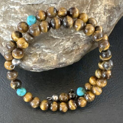 Navajo Blue Turquoise Coffee Tiger's Eye Bracelet | Stainless Steel Memory Wire | Authentic Native American Handmade | 17627
