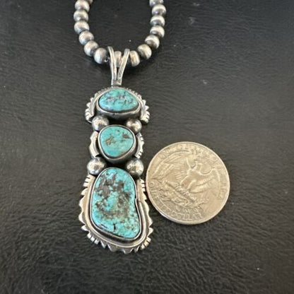 Navajo Blue Kingman Turquoise 3 Stone Cluster Pendant | Sterling Silver | Authentic Native American Handmade | 17632