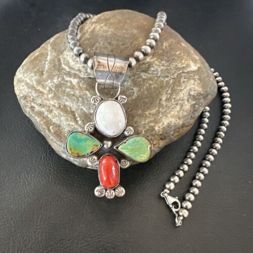 Navajo Green White Turquoise | Coral Pendant Necklace | Sterling Silver | Native American Handmade | 16831