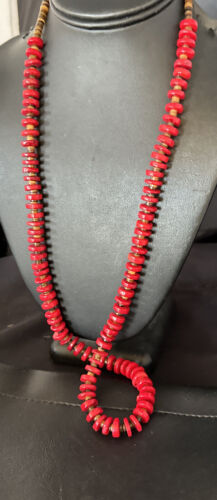 Navajo Red Coral Shell Bead Necklace | Sterling Silver | 30" | Authentic Native American Handmade | 15284