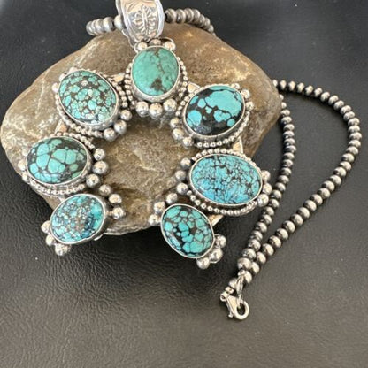 Navajo Men's Blue Turquoise Naja Pendant Necklace | Sterling Silver Pearls | Authentic Native American | 16404