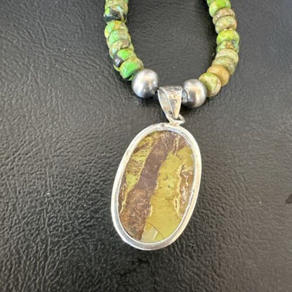 Navajo Green Turquoise Pendant Necklace | Sterling Silver | Authentic Native American Handmade | 16920