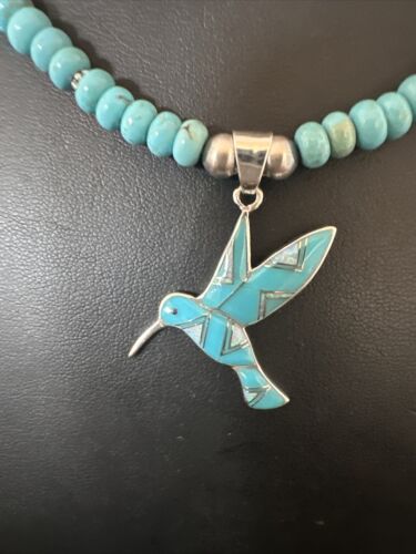 Navajo Turquoise Opal Hummingbird Inlay Pendant | Sterling Silver Necklace | Authentic Native American Handmade | 16844