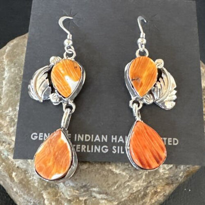 Navajo Orange Spiny Oyster Dangle Earrings | Sterling Silver | 1.5" | Authentic Native American Handmade | 16568