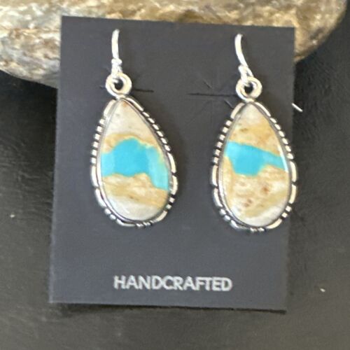 Navajo Blue Boulder Turquoise Dangle Earrings | Sterling Silver | Authentic Native American Handmade | 16503