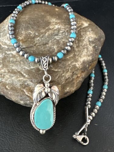 Navajo Pearls Kingman Turquoise Pendant Necklace | Sterling Silver | Authentic Native American Handmade | 14894