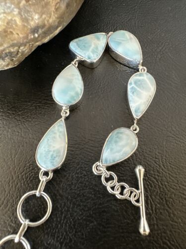 Navajo Blue Larimar Bracelet | Sterling Silver Link | 8" | Authentic Native American Handmade | 16082