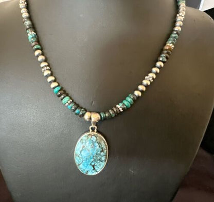 Men's Spiderweb Turquoise Pendant | Navajo Pearls Sterling Silver Necklace | Authentic Native American Handmade | 17301
