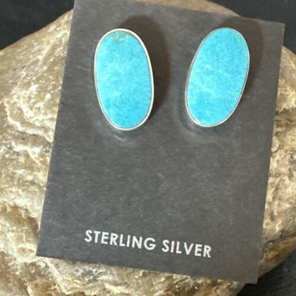 Navajo Blue Kingman Turquoise Post Stud Earrings | Sterling Silver | Authentic Native American Handmade | 17411