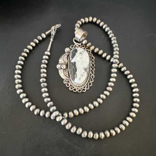 Navajo White Buffalo Turquoise Pendant Necklace | Sterling Silver | Authentic Native American Handmade | 15617