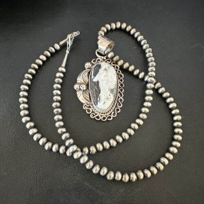 Navajo White Buffalo Turquoise Pendant Necklace | Sterling Silver | Authentic Native American Handmade | 15617