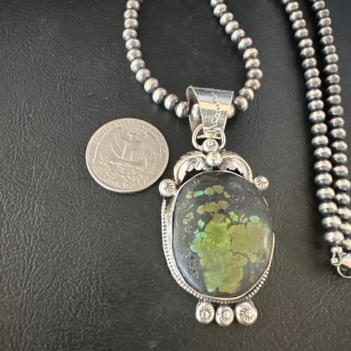 Navajo Green Turquoise Pendant Necklace | Sterling Silver | Authentic Native American Handmade | 15039