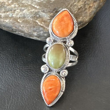 Navajo Green Turquoise Spiny Oyster Multi-Stone Ring | Authentic Native American Sterling Silver | Sz 10 | 16713