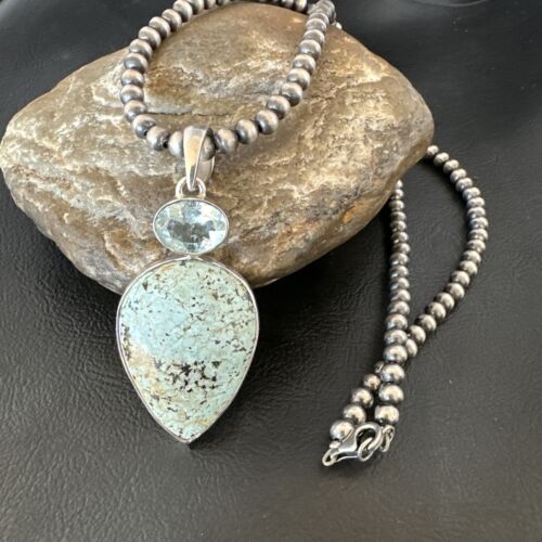 Navajo Women's Dry Creek Turquoise Topaz Pendant Necklace | Sterling Silver | Authentic Native American Handmade | 16306
