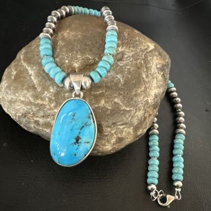 Navajo Blue Kingman Turquoise Pendant Necklace | Sterling Silver | 21" | Authentic Native American Handmade | 17087