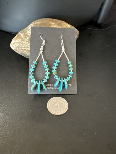 Navajo Blue Cluster Turquoise Bead Earrings | 6mm | Sterling Silver | 2" | Authentic Native American Handmade | 15845