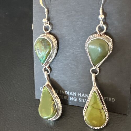 Navajo Green Royston Turquoise Dangle Earrings | Sterling Silver | Authentic Native American Handmade | 16490 - Masha USA