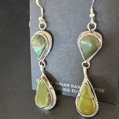 Navajo Green Royston Turquoise Dangle Earrings | Sterling Silver | Authentic Native American Handmade | 16490 - Masha USA