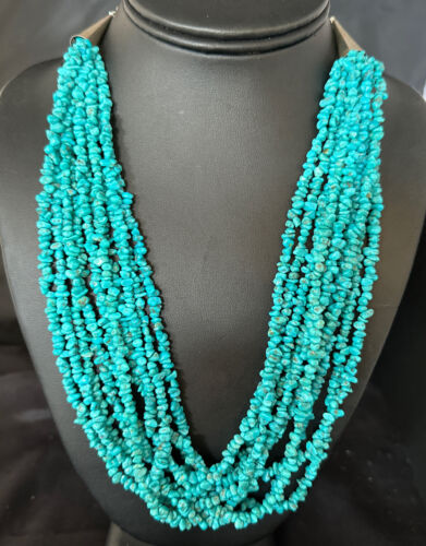 Blue Turquoise Nugget Bead Necklace | 10 Strand | Navajo Sterling Silver | 22" | 15030