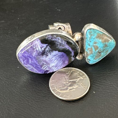 Navajo Blue Turquoise Purple Charoite Ring | Authentic Native American Sterling Silver | Multi-Stone | Sz 8 | 15916