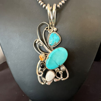 Navajo White Buffalo Kingman Turquoise Sterling Silver Pendant Necklace | 21" | Handmade 15949