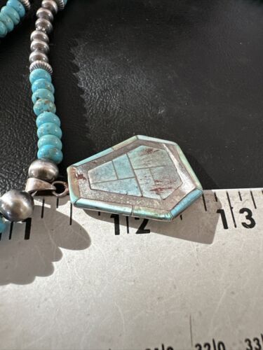 Navajo Turquoise Inlay Pendant Necklace | Sterling Silver | Authentic Native American Handmade | 17076