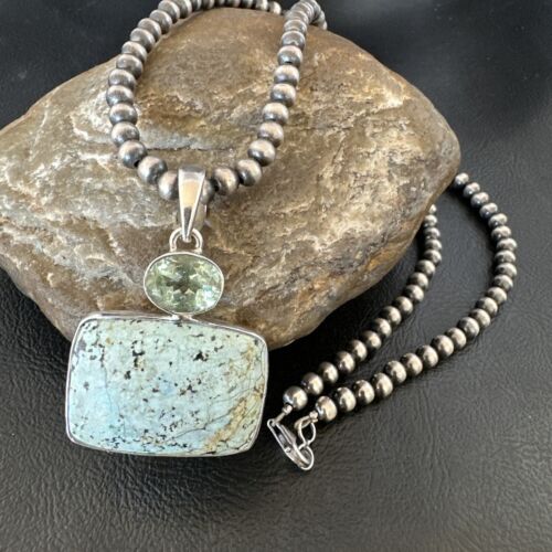 Navajo Dry Creek Turquoise Topaz Pendant Necklace | Sterling Silver | Authentic Native American Handmade | 16307