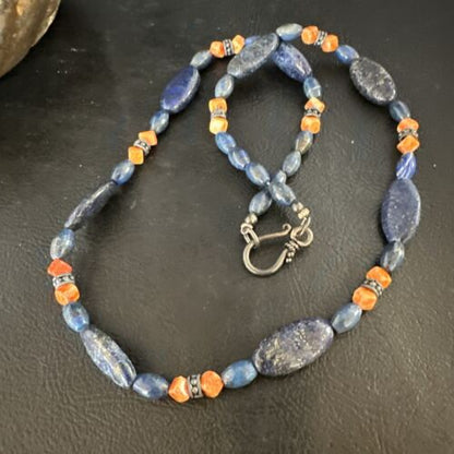 Men's Lapis Lazuli & Spiny Oyster Necklace | Navajo Sterling Silver | 18" | Authentic Native American | 15266