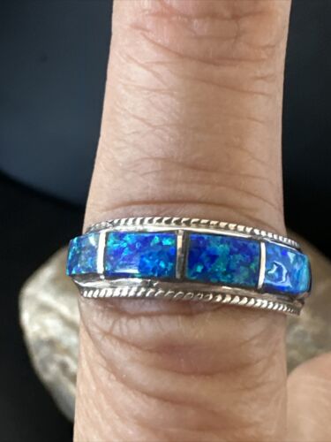Navajo Blue Opal Inlay Ring | Sterling Silver | Sz 7.5 | Authentic Native American Handmade | 16433