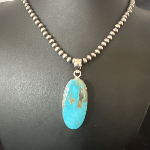 Navajo Blue Kingman Turquoise Pendant Necklace | Sterling Silver | 20" | Authentic Native American Handmade | 16693