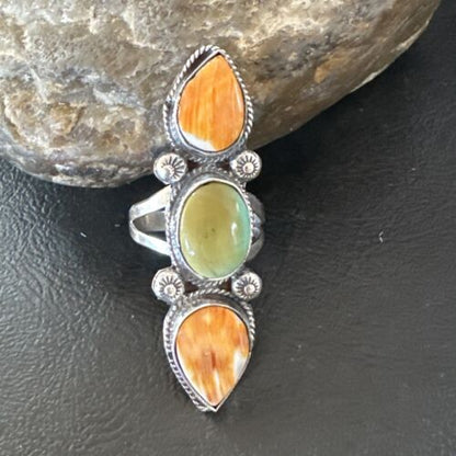 Navajo Green Turquoise Spiny Oyster Multi-Stone Ring | Authentic Native American Sterling Silver | Sz 10 | 16711