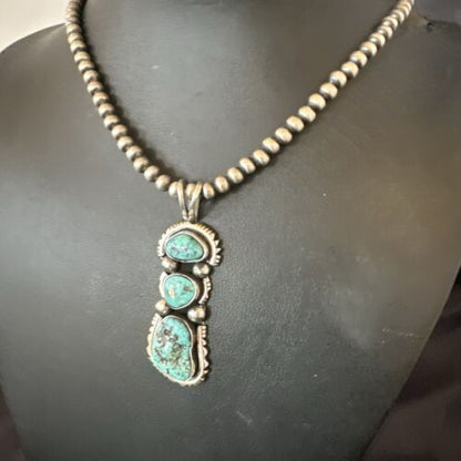 Navajo Blue Kingman Turquoise 3 Stone Cluster Pendant | Sterling Silver | Authentic Native American Handmade | 17632