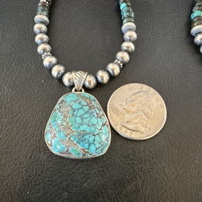 Men's Navajo Blue Spiderweb Turquoise Pendant Necklace | Sterling Silver | Authentic Native American Handmade | 16241