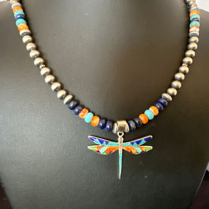 Navajo Dragonfly Pendant | Sterling Silver Turquoise Spiny Inlay MultiColor | Authentic Native American Handmade | 16634