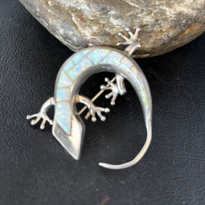 Navajo White Opal Lizard Pin Pendant | Inlay Gecko | Sterling Silver | Authentic Native American Handmade | 14334